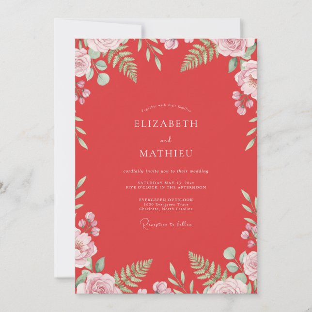 Convites Casamento Flor Silvestre Coral Rosado (Frente)