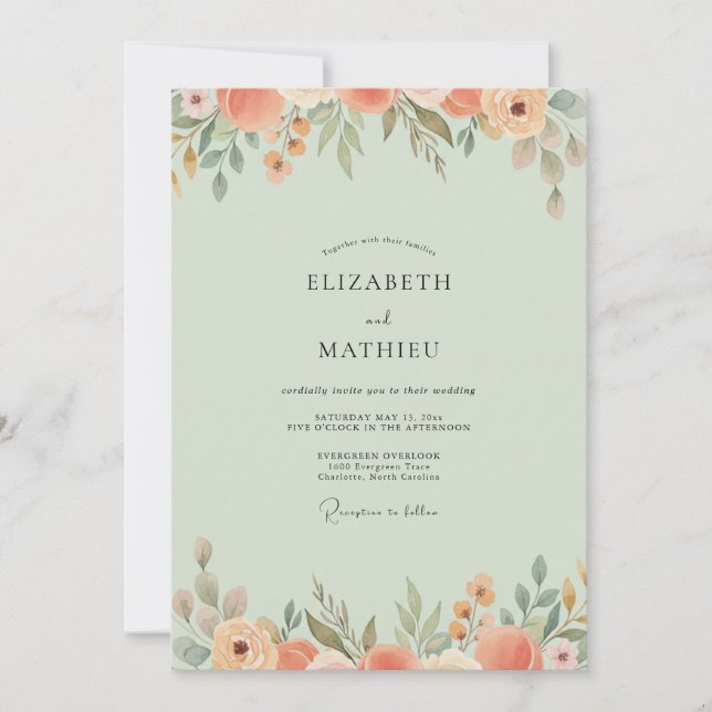 Convites Casamento Flor Silvestre Coral Tom Pastel de Horte (Frente)