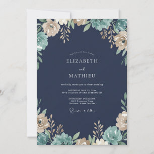 Convites Casamento Flor Silvestre Creme Azul Marinho