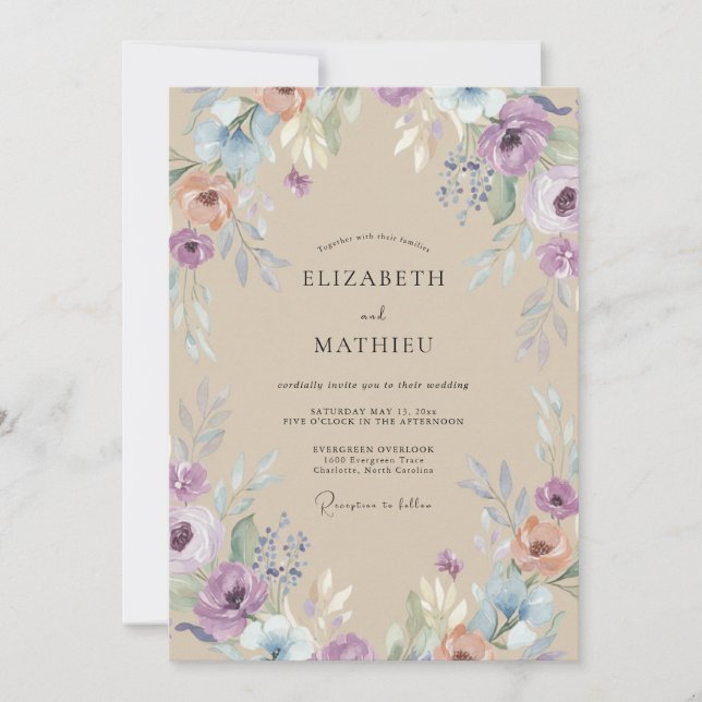 Convites Casamento Flor Silvestre de Champanhe Amethyst (Frente)
