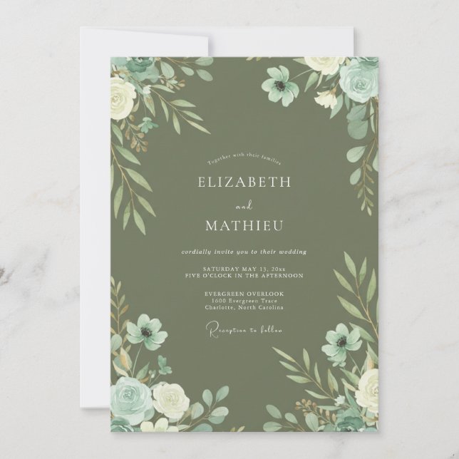Convites Casamento Flor Silvestre de Oliva Menta (Frente)