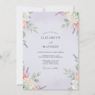 Convites Casamento Flor Silvestre de Pêssego Lilás Suave