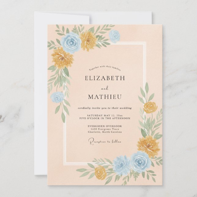 Convites Casamento Flor Silvestre Dourada Azure (Frente)