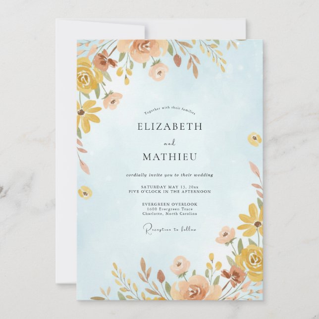 Convites Casamento Flor Silvestre Dourada Azure (Frente)