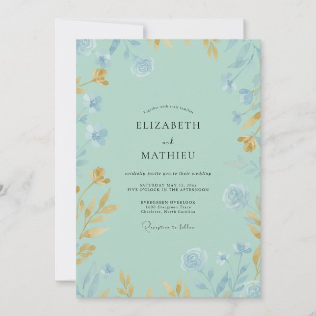 Convites Casamento Flor Silvestre Dourada Menta (Frente)