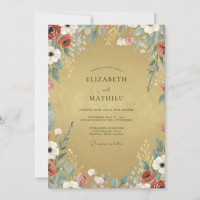 Convites Casamento Flor Silvestre Ferrugem Dourada (Frente)