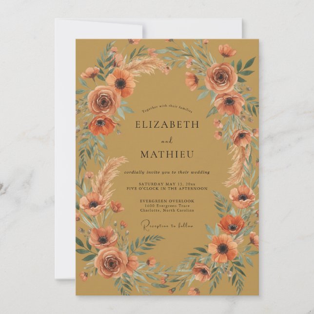 Convites Casamento Flor Silvestre Ferrugem Ocre (Frente)