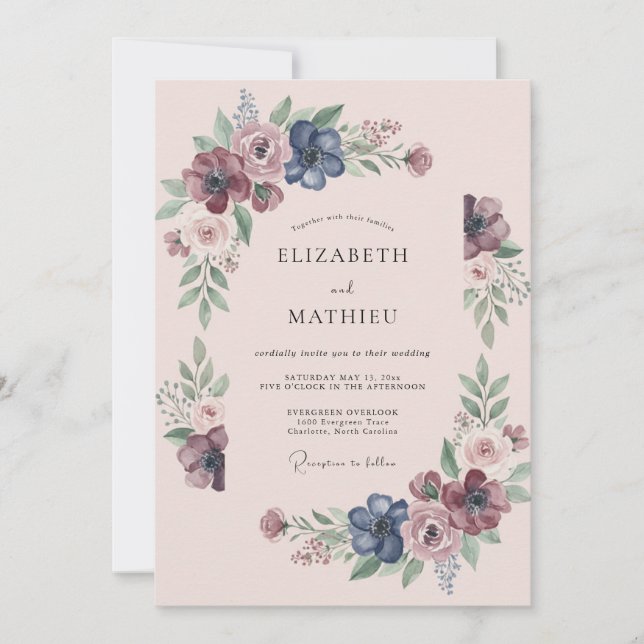 Convites Casamento Flor Silvestre Índigo Ameixa (Frente)