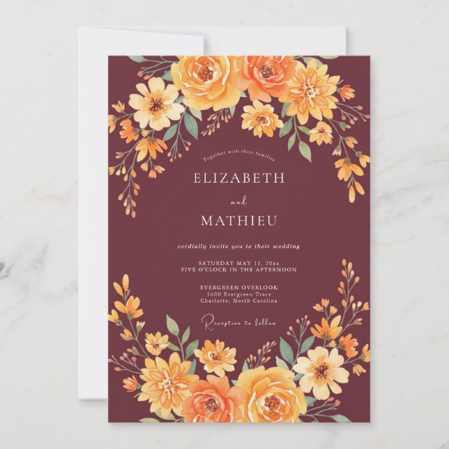 Convites Casamento Flor Silvestre Laranja Borgonha (Frente)