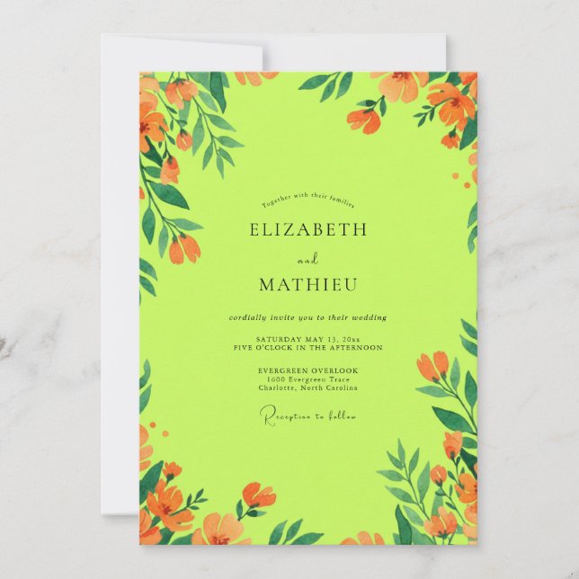 Convites Casamento Flor Silvestre Laranja Chartreuse (Frente)