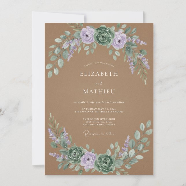 Convites Casamento Flor Silvestre Lavanda Bege (Frente)