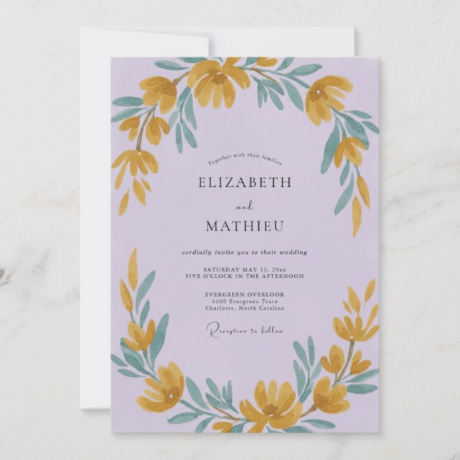 Convites Casamento Flor Silvestre Lilás Dourado (Frente)