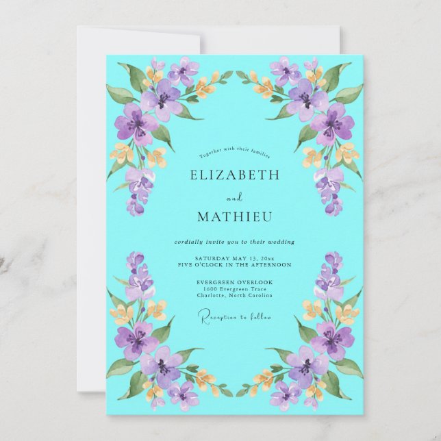 Convites Casamento Flor Silvestre Lilás Turquesa (Frente)