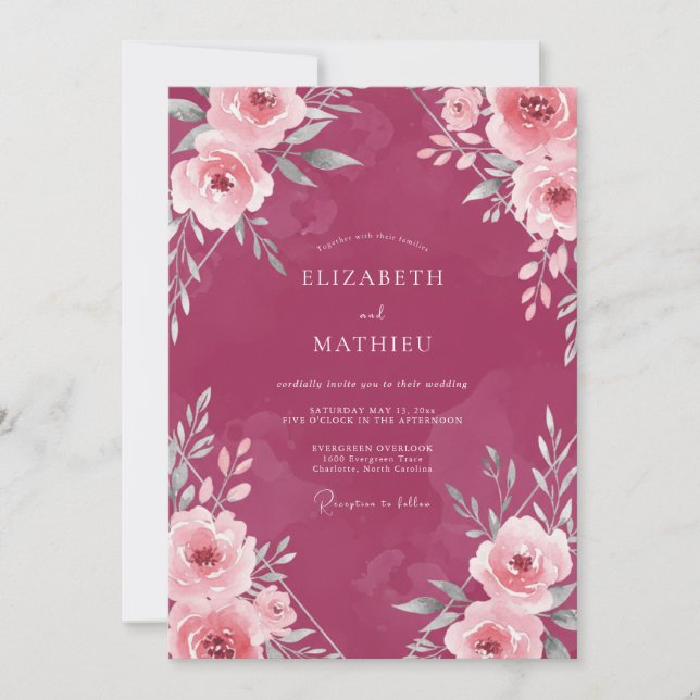 Convites Casamento Flor Silvestre Magenta (Frente)