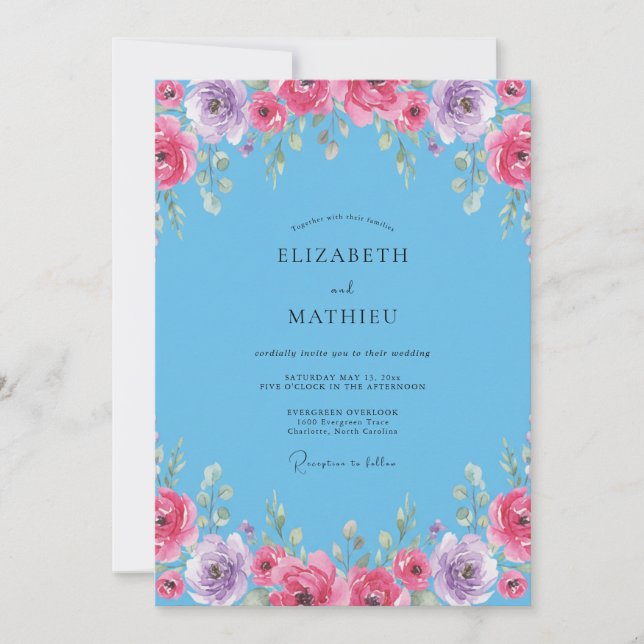 Convites Casamento Flor Silvestre Magenta Azure (Frente)