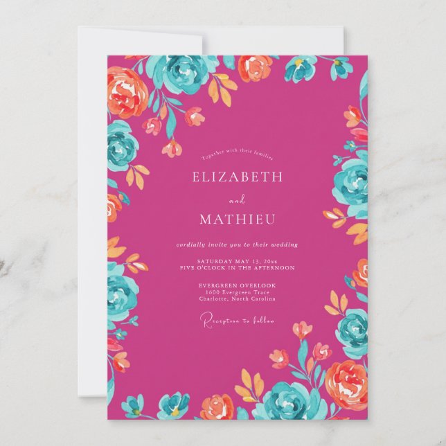 Convites Casamento Flor Silvestre Magenta Teal (Frente)