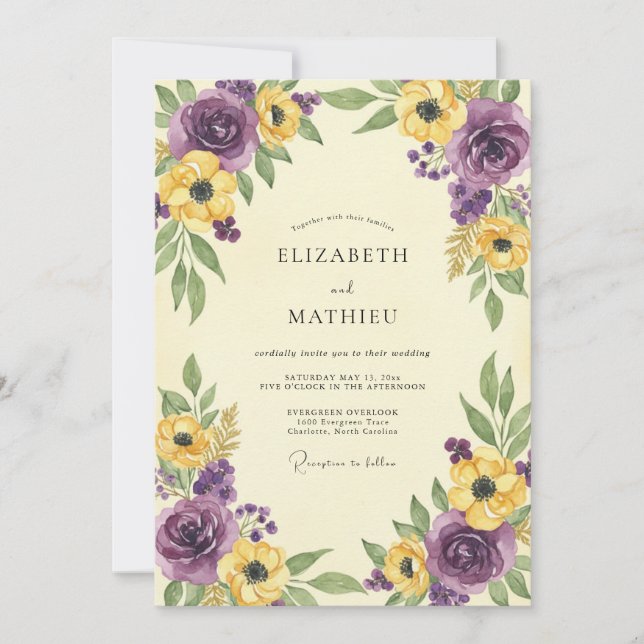 Convites Casamento Flor Silvestre Mostarda Ameixa (Frente)