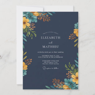Convites Casamento Flor Silvestre Mostarda Marinha