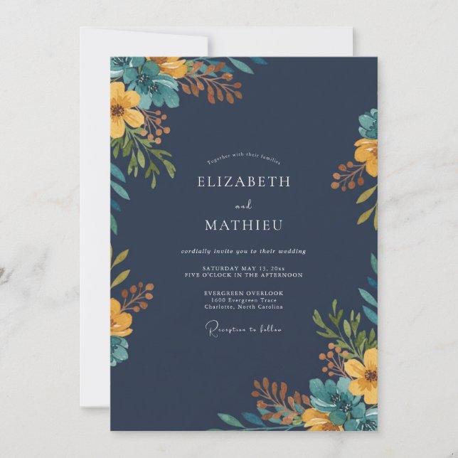 Convites Casamento Flor Silvestre Mostarda Marinha (Frente)