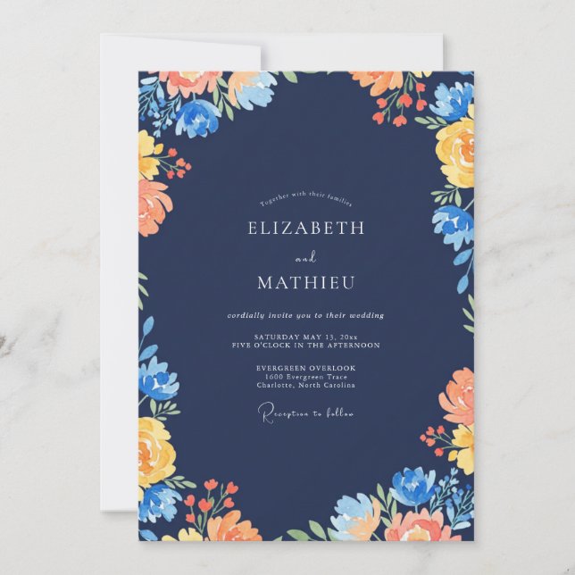 Convites Casamento Flor Silvestre Ochre Naval (Frente)