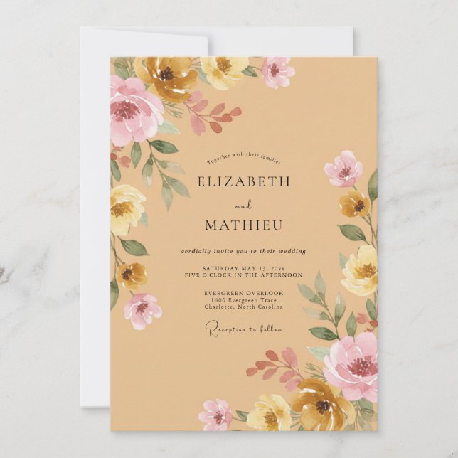 Convites Casamento Flor Silvestre Ocre Mauve (Frente)