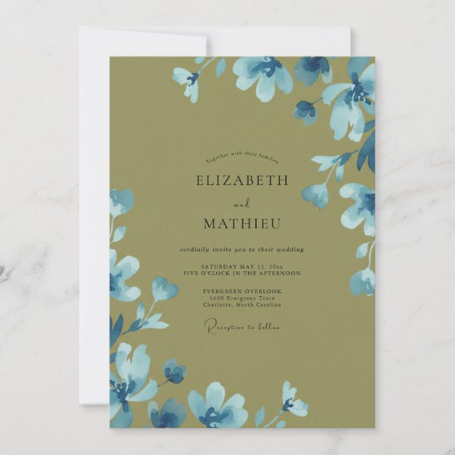 Convites Casamento Flor Silvestre Olive Azure (Frente)