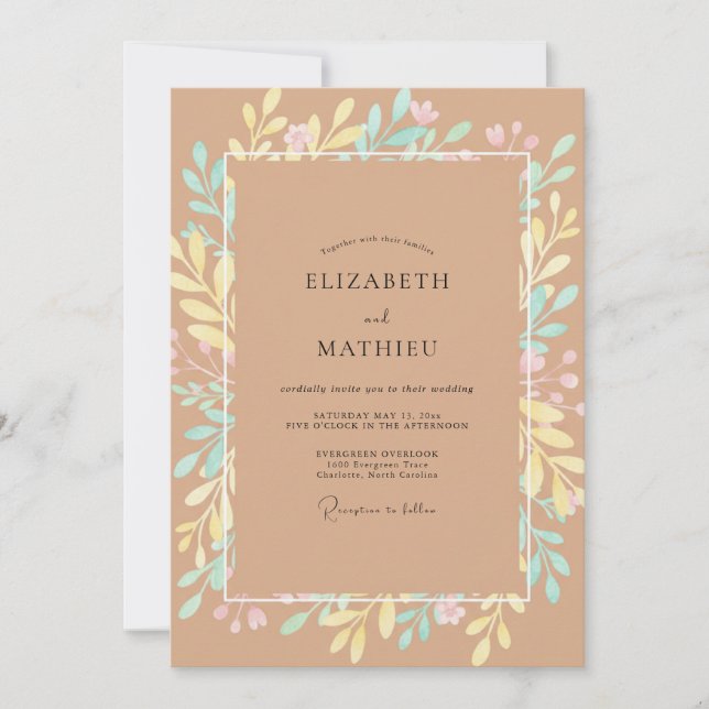 Convites Casamento Flor Silvestre Pastel Marrom (Frente)