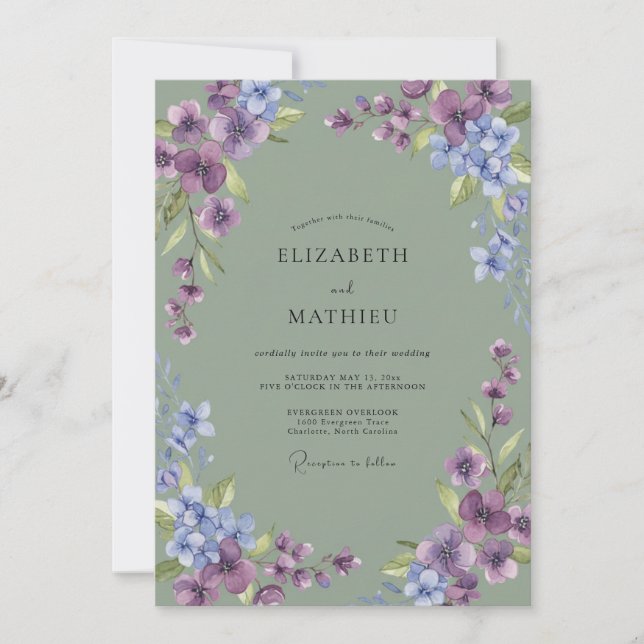 Convites Casamento Flor Silvestre Periwinkle Ametista (Frente)