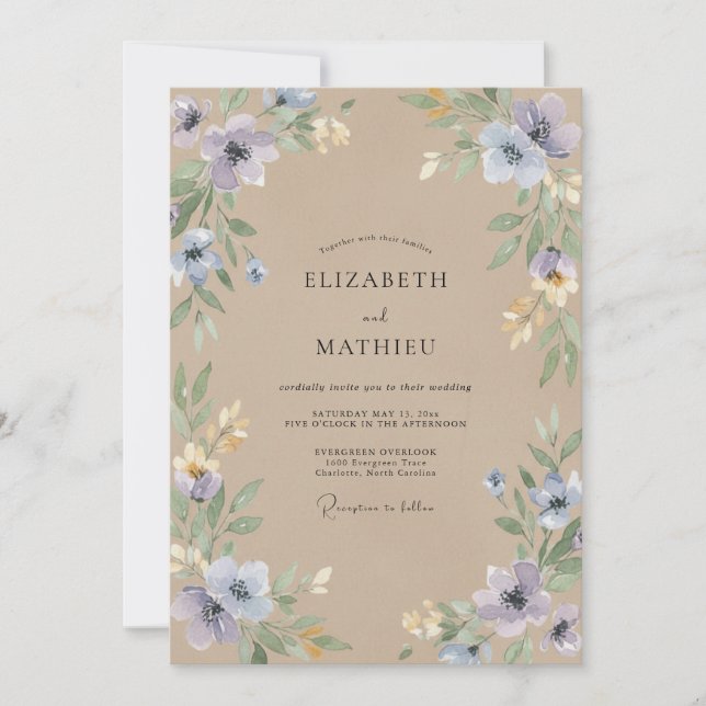 Convites Casamento Flor Silvestre Periwinkle Champanhe (Frente)