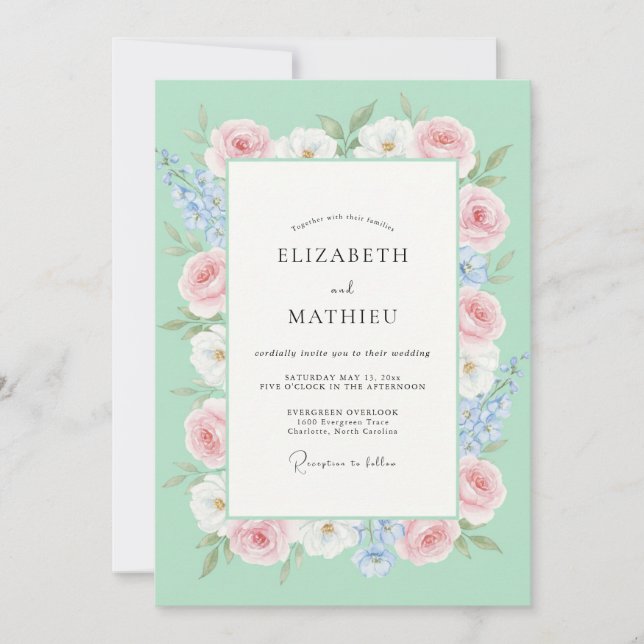Convites Casamento Flor Silvestre Rosa Menta (Frente)