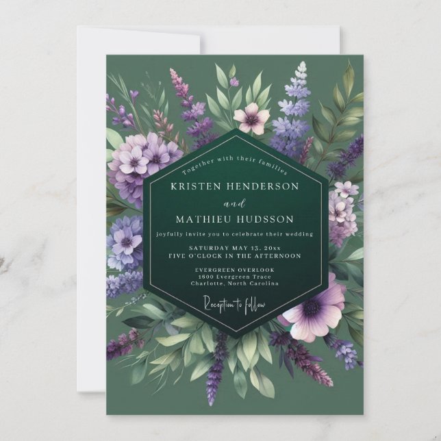 Convites Casamento Flor Silvestre Roxa Esmeralda (Frente)