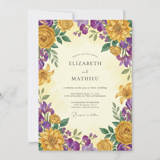 Convites Casamento Flor Silvestre Roxo Mostarda (Frente)