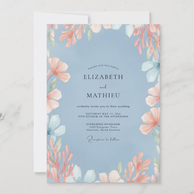 Convites Casamento Flor Silvestre Slate Peach (Frente)