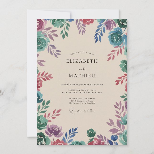 Convites Casamento Flor Silvestre Teal Ameixa (Frente)