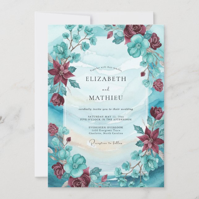 Convites Casamento Flor Silvestre Turquesa Borgonha (Frente)