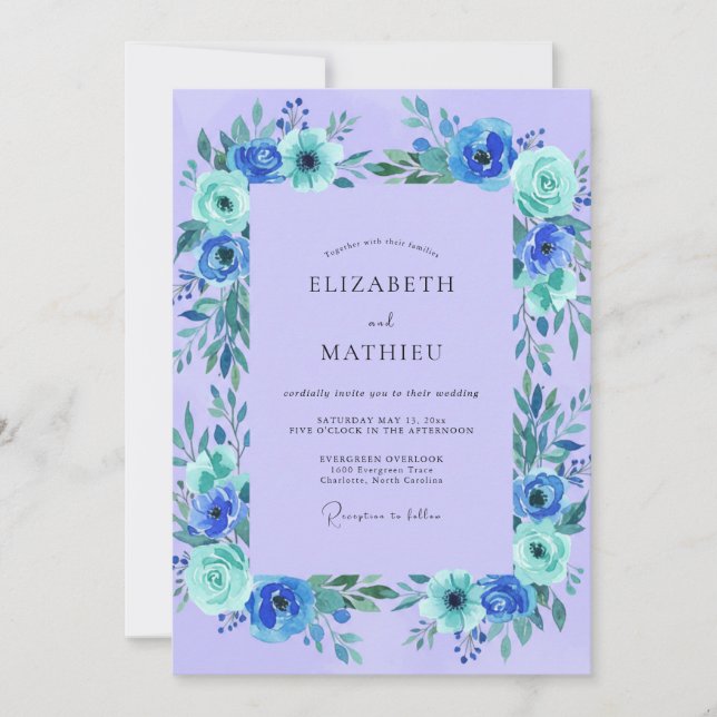 Convites Casamento Flor Silvestre Turquesa Roxo-marinho (Frente)