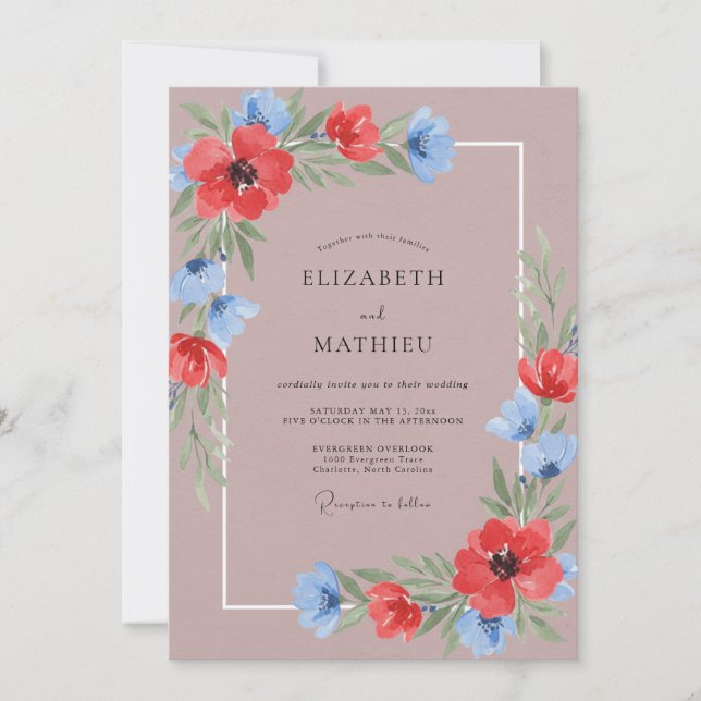 Convites Casamento Flor Silvestre Vermelha Malva (Frente)