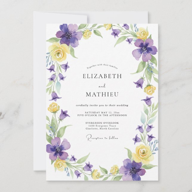 Convites Casamento Flor Silvestre Violeta Amarela (Frente)