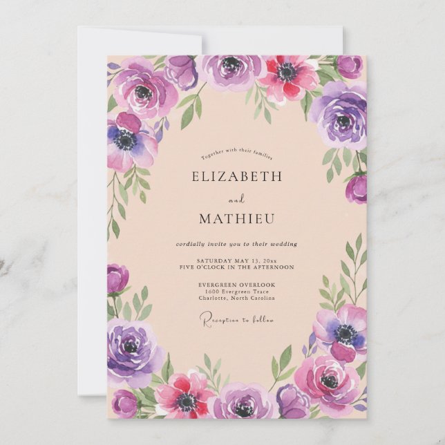 Convites Casamento Flor Silvestre Violeta Ameixa (Frente)