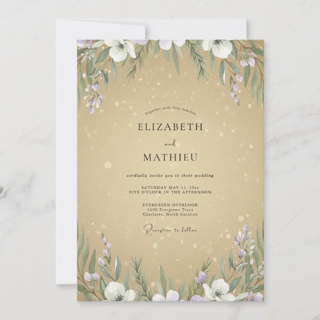 Convites Casamento Flor Silvestre Violeta Champagne (Frente)