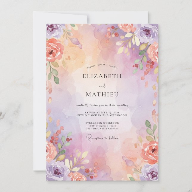Convites Casamento Flor Silvestre Violeta Coral (Frente)