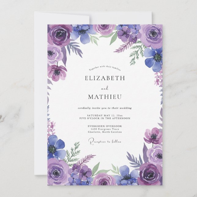 Convites Casamento Flor Silvestre Violeta Índigo (Frente)