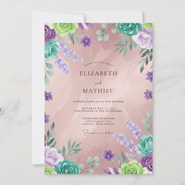Convites Casamento Flor Silvestre Violeta Menta (Frente)