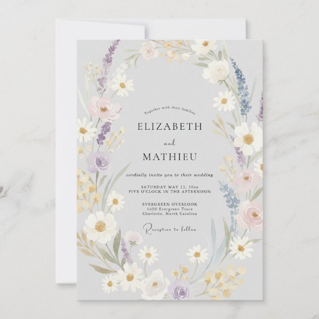 Convites Casamento Flor Silvestre Violeta Prata (Frente)