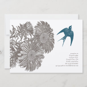 Convites Casamento Flor Vintage e Pássaro Azul Casamento