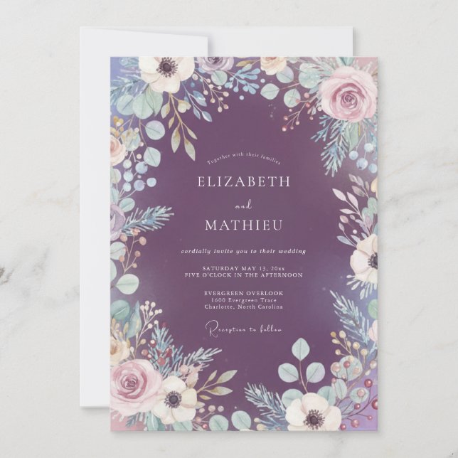 Convites Casamento Flora Botânica Plum Mystic (Frente)