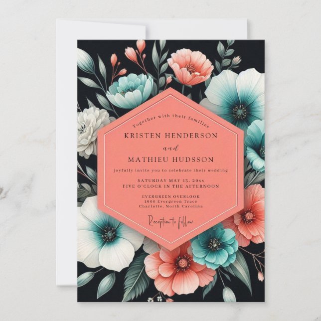Convites Casamento Flora Coral Teal Mal-humorada (Frente)