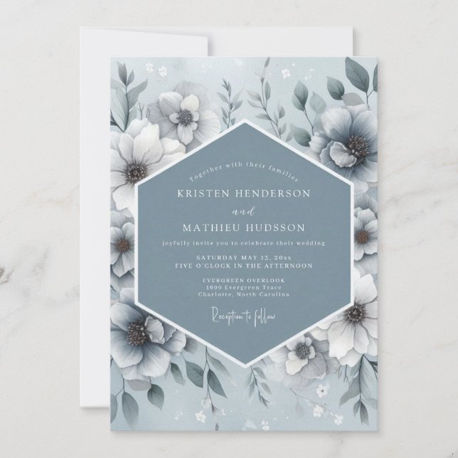 Convites Casamento Flora Etéreo Azul Aço (Frente)
