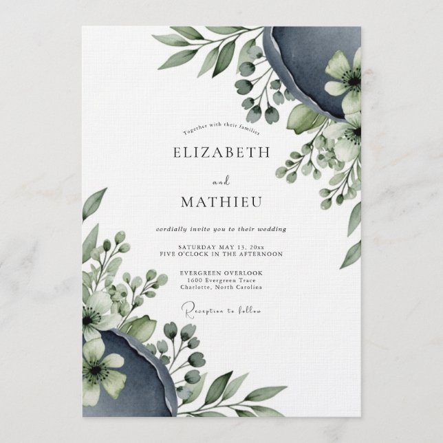 Convites Casamento Flora Etéreo Azul Ardósia (Frente)