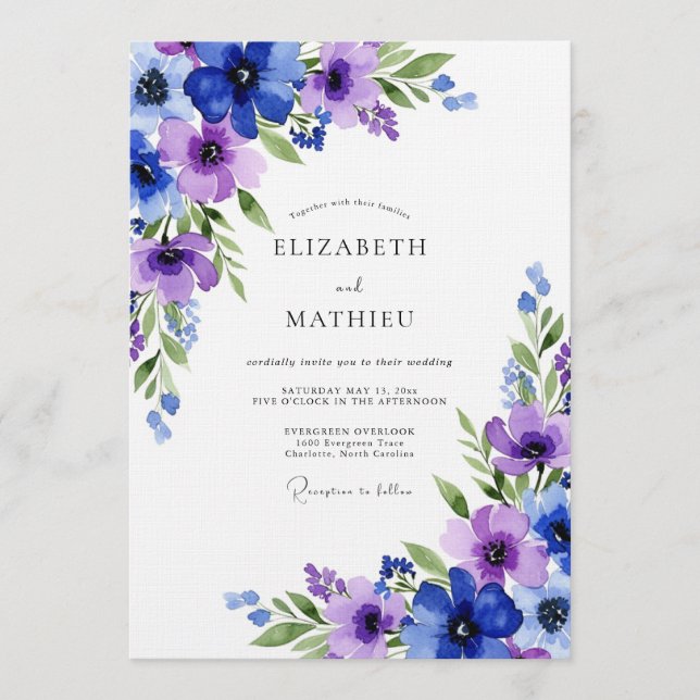 Convites Casamento Flora Etéreo Azul Real (Frente)